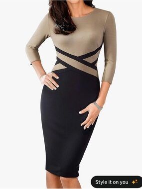 Slim-Fit Black and Taupe Midi Sheath Dress